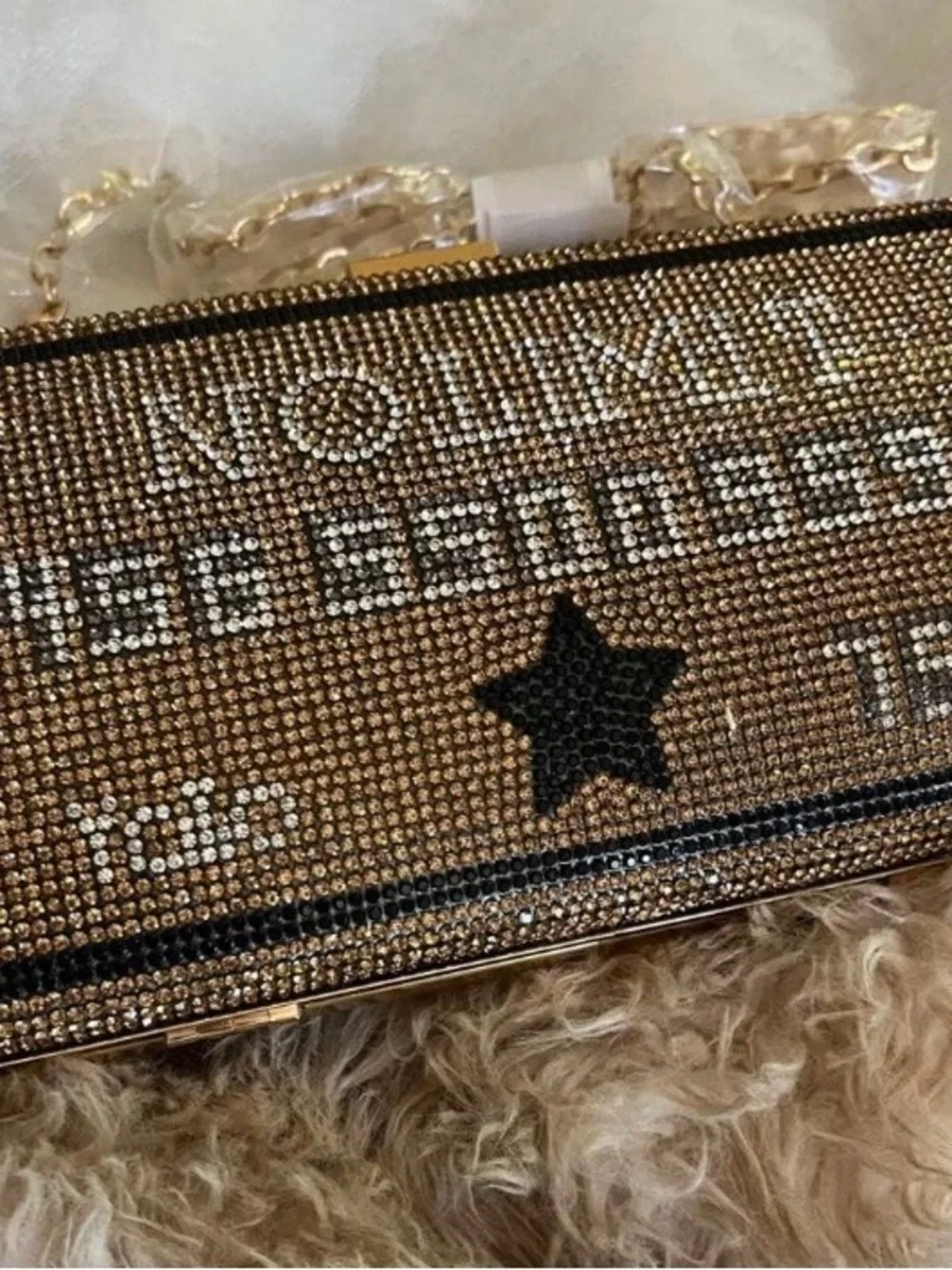 Gold Rhinestone Crystal Minaudiere with Black Star Accent